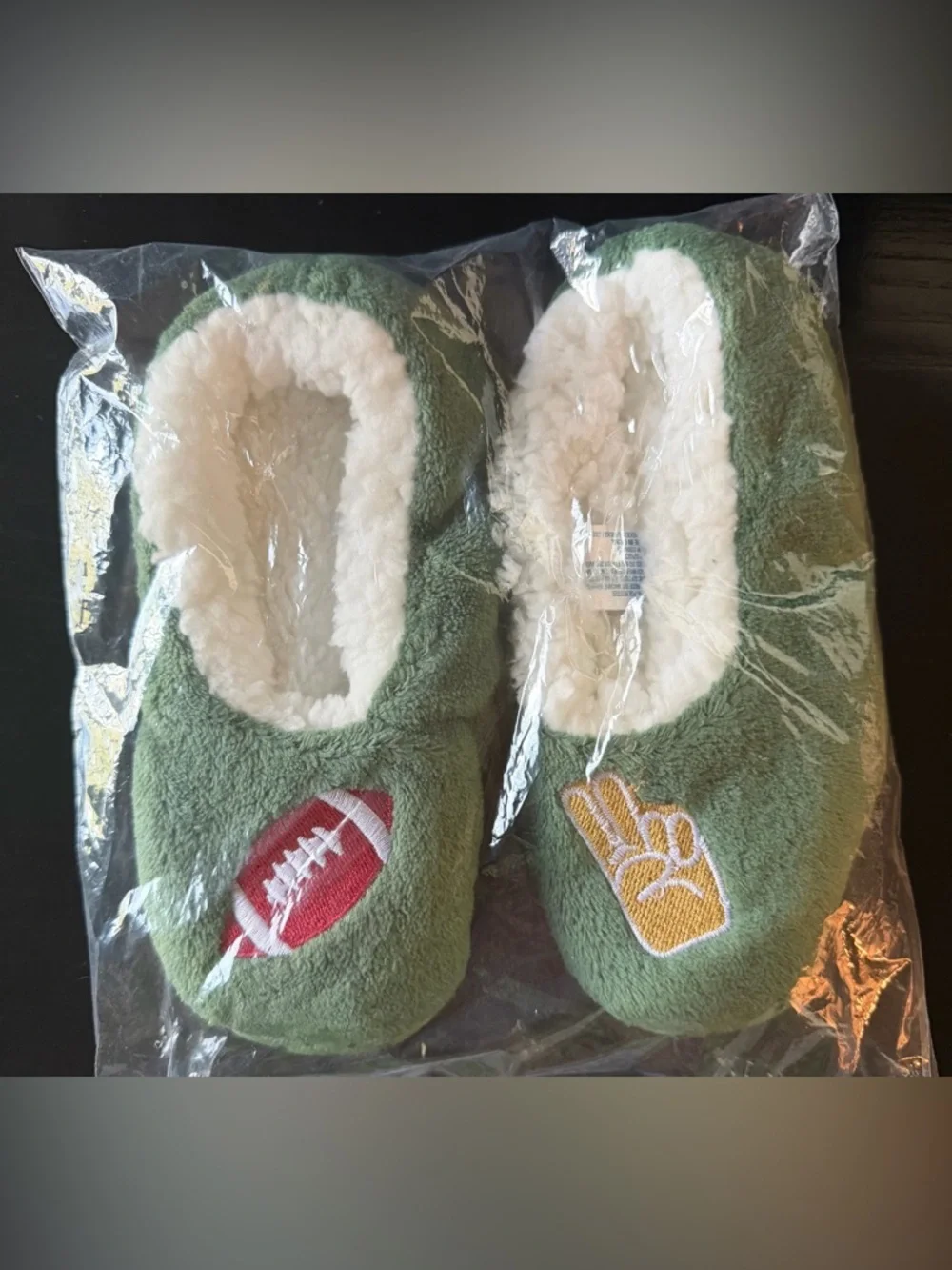 Green Plush Slip-On Slippers with Football and Foam Finger Embroidery